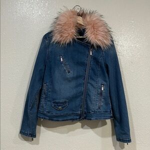 NANETTE  LEPORE WOMENS DENIM JACKET WITH FAUX FUR COLLAR  Sz MD